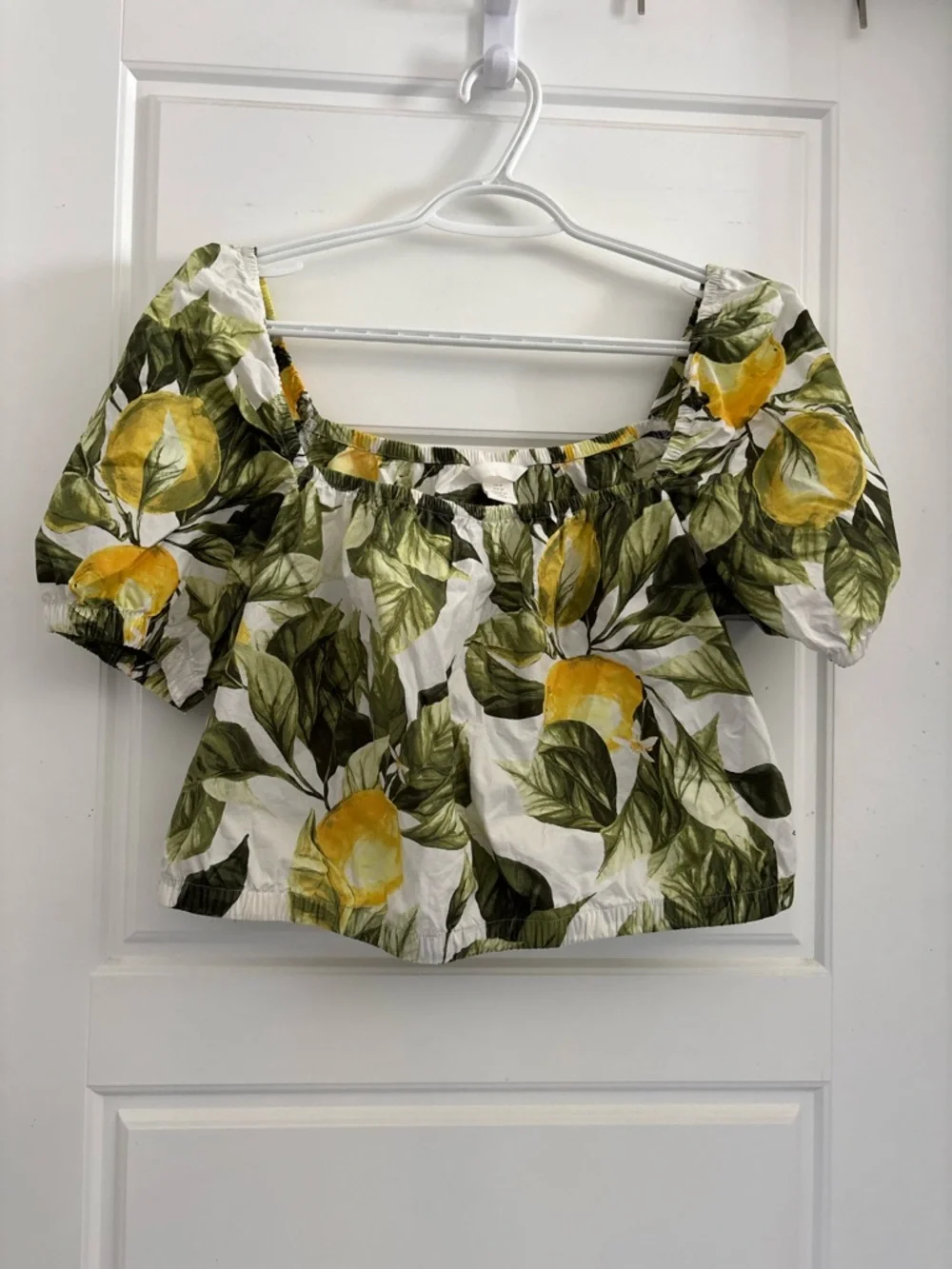 H&M Lemon Print Off Shoulder 100% Cotton Blouse Medium Tropical Puff Sleeve - Picture 2 of 5